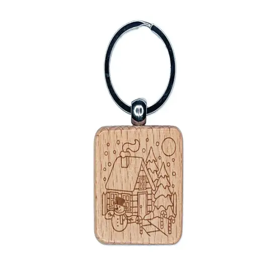 Winter House with Christmas Decorations Snowman Engraved Wood Square Keychain Tag Charm {1}