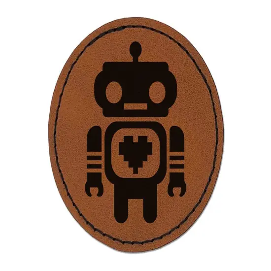 Cute Little Robot with a Heart Round Iron-On Engraved Faux Leather Patch Applique - 2.5" Brown {1}