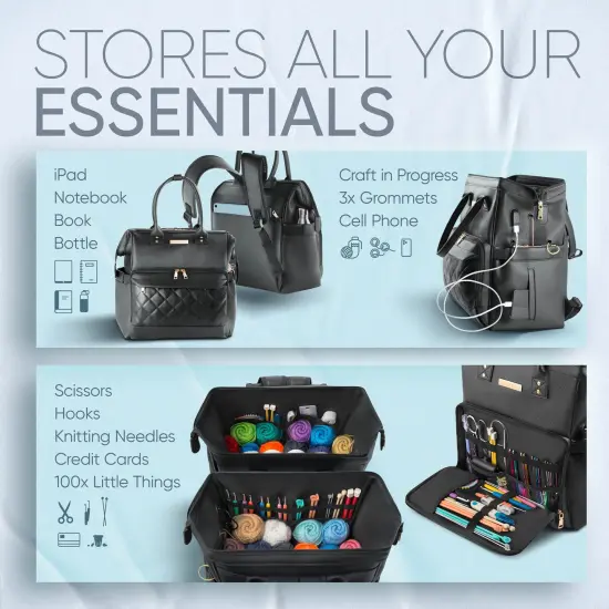 Yarn Storage Backpack for Knitting & Crocheting on the Go - Faux Leather Water-Resistant Bag with USB Port {4}