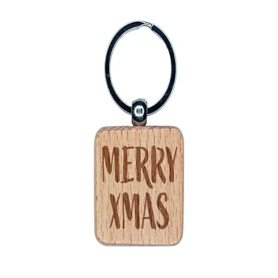 Merry Xmas Christmas Sketchy Fun Text Engraved Wood Square Keychain Tag Charm {1}