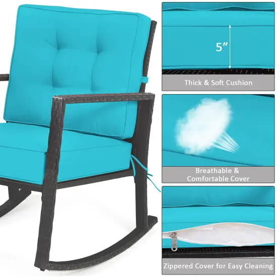 Costway Patio Rattan Rocker Chair Outdoor Glider Rocking Chair Cushion Lawn Turquoise {6}