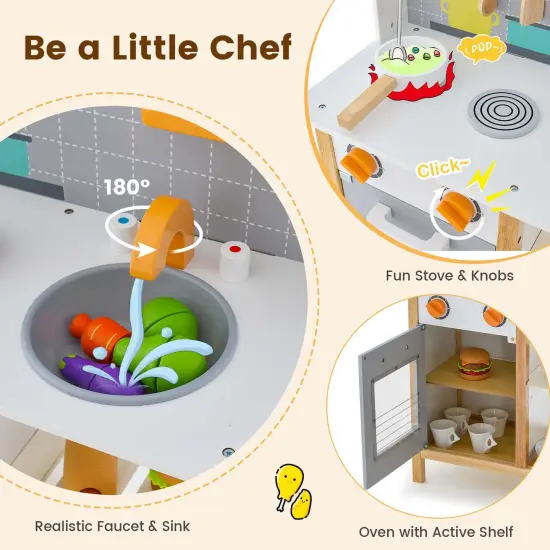 Costway Wooden Kid's Play Kitchen Set Pretend Chef Cooking Toy with Cookware Accessories {6}