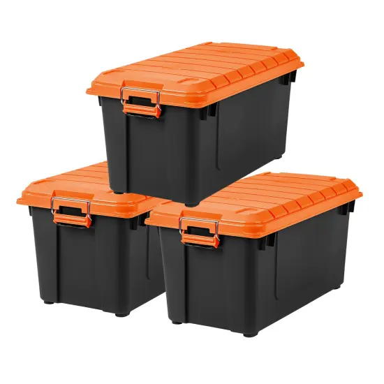 IRIS USA 21 Gallon Heavy-Duty Plastic Storage Bins, Store-It-All Container Totes with Durable Lid and Secure Latching Buckles, Black/Orange, 3 Pack {1}