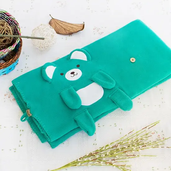Happy Bear Embroidered Applique Coral Fleece Baby Throw Blanket Green {2}