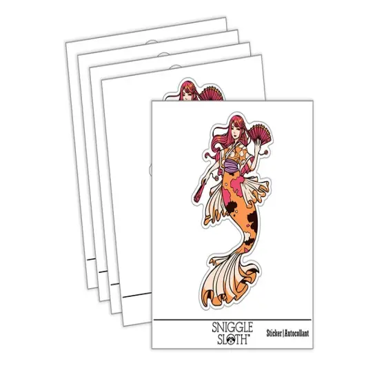 Asian Koi Mermaid in Japanese Kimono Waterproof Vinyl Phone Tablet Laptop Water Bottle Sticker Set - 5 Pack {2}