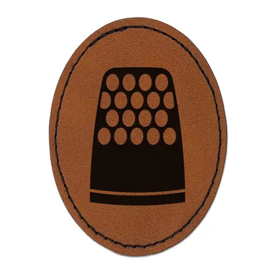 Thimble Sewing Round Iron-On Engraved Faux Leather Patch Applique - 2.5" Brown {1}