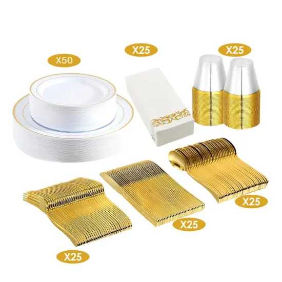 175pcs Disposable Dinnerware Set Gold Plastic Plates {4}