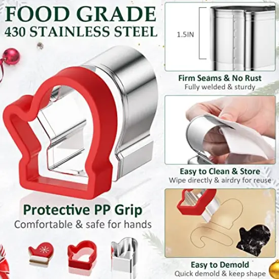 Christmas Cookie cutters Set 8 Pieces, Holiday Cookie Cutters with Comfort Grip, Stainless Steel Baking Cutters Christmas Shapes for Xmas, Gingerbread Man, Snowflakes, Christmas Tree, Santa, etc {6}