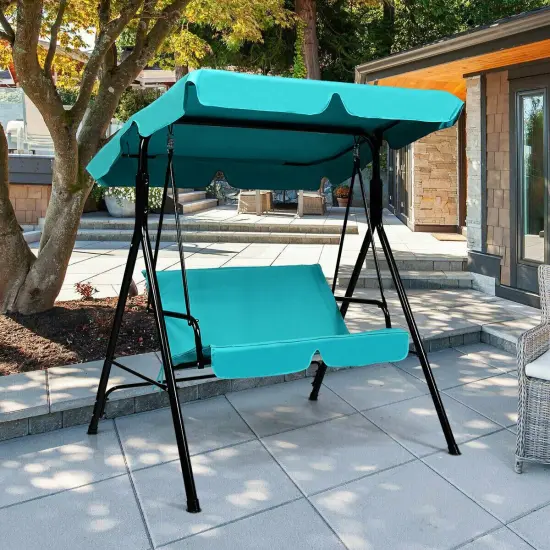 Loveseat Cushioned Patio Steel Frame Swing Glider Blue {2}