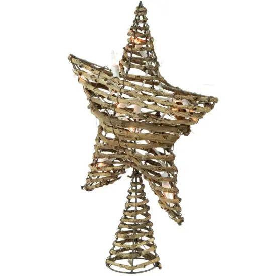 Northlight 11" Lighted Rattan Twigs Star Christmas Tree Topper- Clear Lights, White Wire Brown {4}