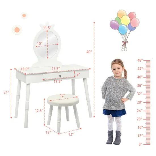 Kids Wooden Princess Makeup Table with Cushioned Stool {2}