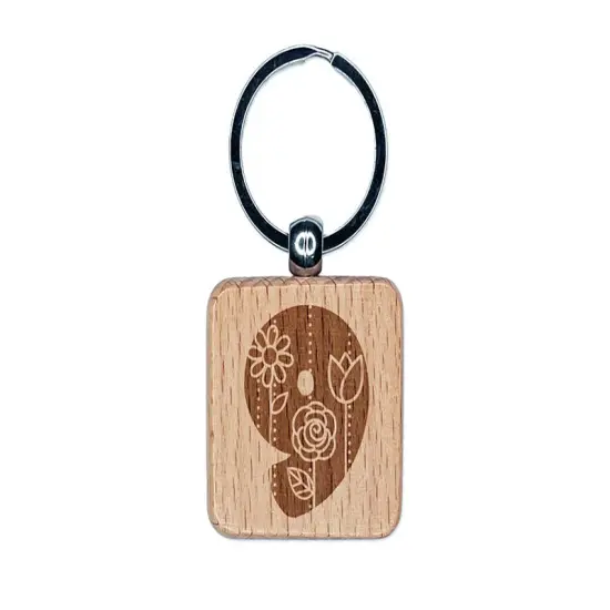 Sweet and Cute Flowers Rounded Block Number 9 Nine Engraved Wood Square Keychain Tag Charm {1}