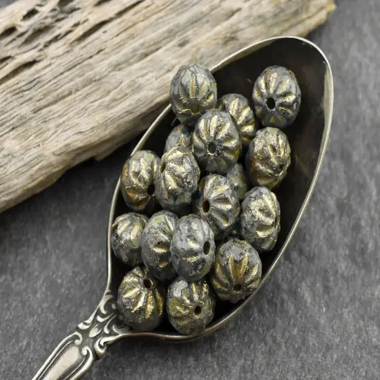 *25* 6x9mm Gold Washed Etched Pacific Blue Picasso Cruller Rondelle Beads {6}