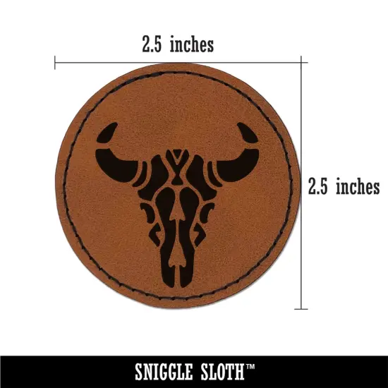 Southwestern Style Tribal Bull Cow Skull Round Iron-On Engraved Faux Leather Patch Applique - 2.5" Brown {3}