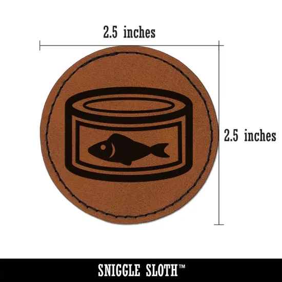 Can of Tuna Fish Round Iron-On Engraved Faux Leather Patch Applique - 2.5" Brown {3}