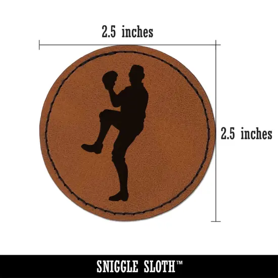Baseball Player Pitcher Winding Up Round Iron-On Engraved Faux Leather Patch Applique - 2.5" Brown {2}