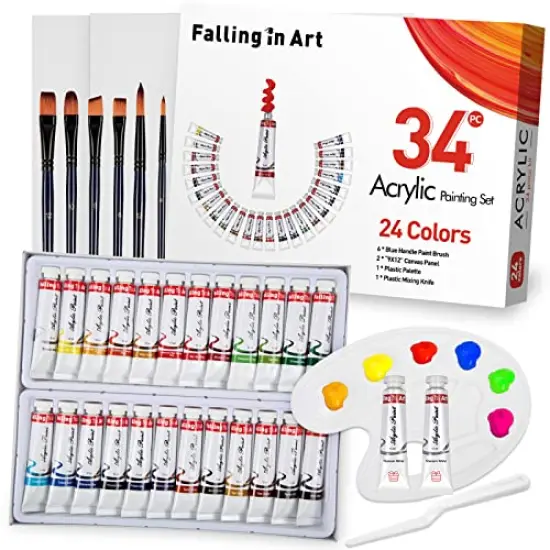 36 Pieces Acrylic Paint Set - Canvas Painting Kit with 26 Acrylic Paints, Nylon Brushes, Plastic Palette, Mixing Knife for Kids, Adults, Beginners, Hobbyists, Artists {2}