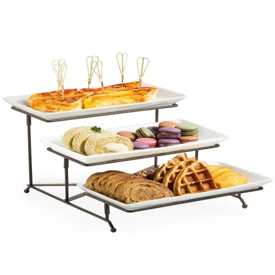 3 Tier Serving Stand Collapsible Sturdier Rack with 3 Porcelain Serving Platters Tier Serving Trays for Fruit Dessert Presentation Thanksgiving Christmas Party Display Set, 12 Inch, Bronze {2}