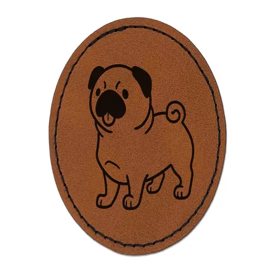 Pug Standing with Tongue Out Dog Round Iron-On Engraved Faux Leather Patch Applique - 2.5" Brown {1}