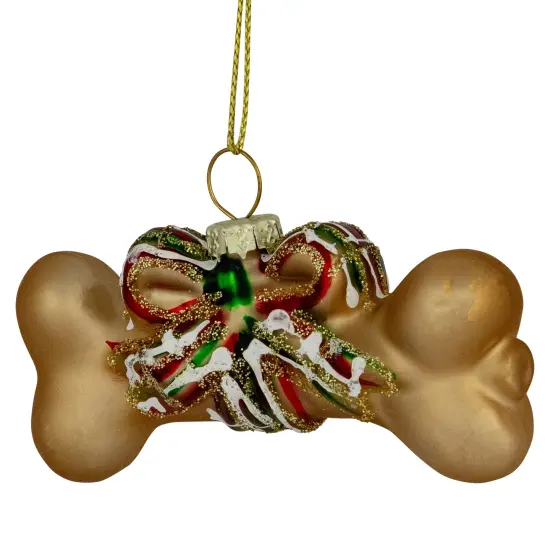 Northlight 3.25" Gold Dog Bone with Bow Glass Christmas Ornament {4}