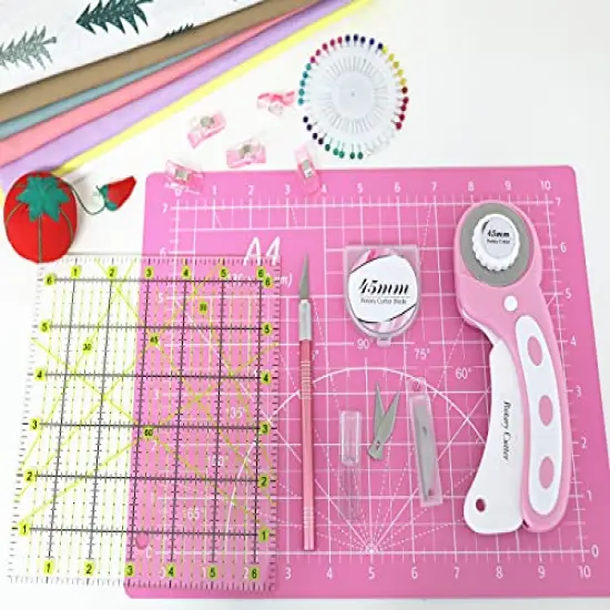 39 Pieces Rotary Cutter Set Pink - Quilting Kit incl. 45mm Fabric Cutter with 5 Extra Blades, A4 Cutting Mat, Craft Knife Set, Quilting Ruler and Sewing Clips, Ideal for Crafting, Sewing, Patchworking {1}