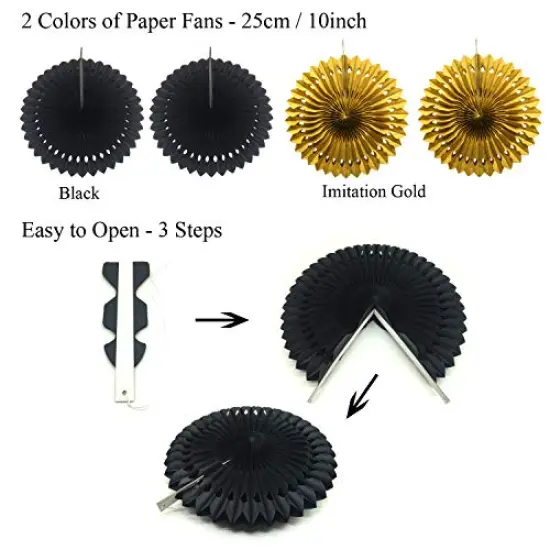 21 Pieces Party Decoration, Black and Gold Hanging Paper Fans, Pom Poms Flowers, Garlands String Polka Dot and Triangle Bunting Flags for Birthday Parties Wedding D&eacute;cor, Table & Wall Decorations {6}