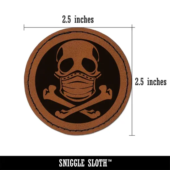 Skull Wearing Mask Round Iron-On Engraved Faux Leather Patch Applique - 2.5" Brown {3}
