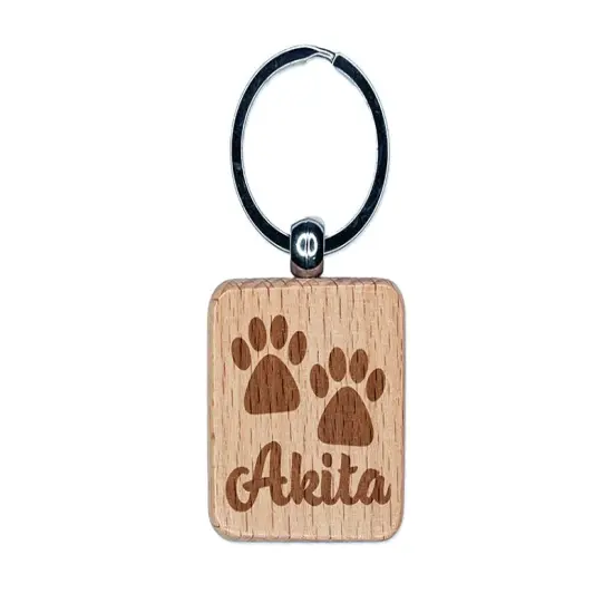 Akita Dog Paw Prints Fun Text Engraved Wood Square Keychain Tag Charm {1}