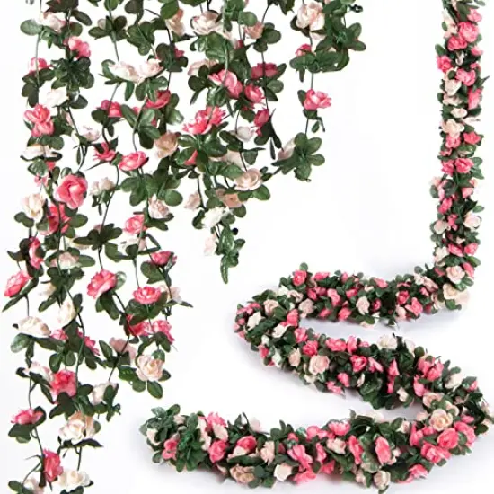 8 Pieces 66 ft Flower Garland, Artificial Rose Vine Flowers with Green Leaves Hanging for Room, Anniversary Wedding Birthday Christmas Wall Arch Decor, Spring Pink Flower {2}