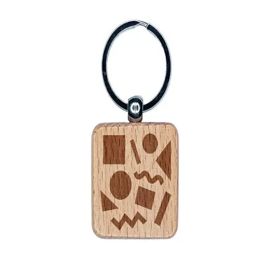 80s 90s Shapes Circle Square Squiggle Geometric Pattern Engraved Wood Square Keychain Tag Charm {1}