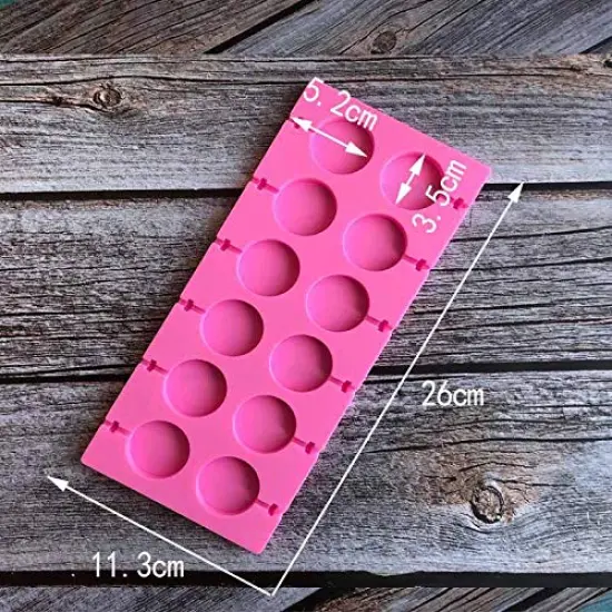 12 Capacity Silicone Lollipop Molds,Chocolate Hard Candy Mold with 50 Pieces 4 inch Lollypop sucker sticks,Candy Treat Bags,gold ties. (Round pink) {6}