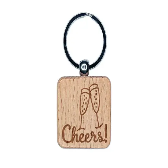 Cheers Champagne Toast Cursive Text Engraved Wood Square Keychain Tag Charm {1}