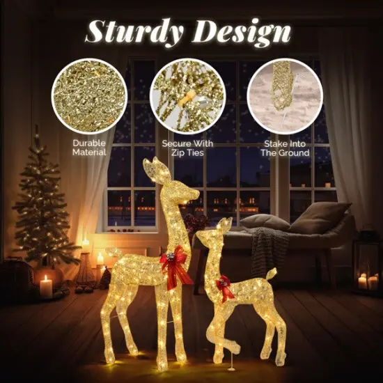 2-Piece Lighted Christmas Deer Family, Outdoor Yard Decoration Set with 210 LEDs Warm White Light, Gold {4}