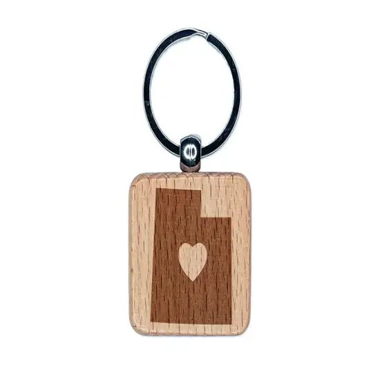 Utah State with Heart Engraved Wood Square Keychain Tag Charm {1}