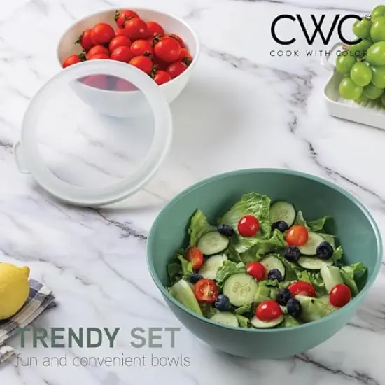 12 Piece Mixing Bowls with TPR Lids - Plastic Nesting Bowls Set includes 6 Prep Bowls and 6 Lids - Microwave Safe (Sage) {6}