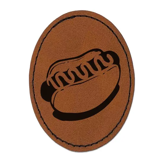 Hotdog Wiener Bun Ketchup Mustard Round Iron-On Engraved Faux Leather Patch Applique - 2.5" Brown {1}