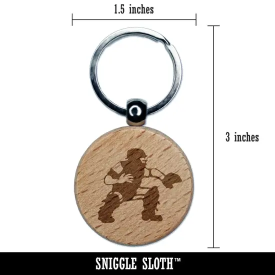 Baseball Player Catcher with Mitt Engraved Wood Round Keychain Tag Charm {2}