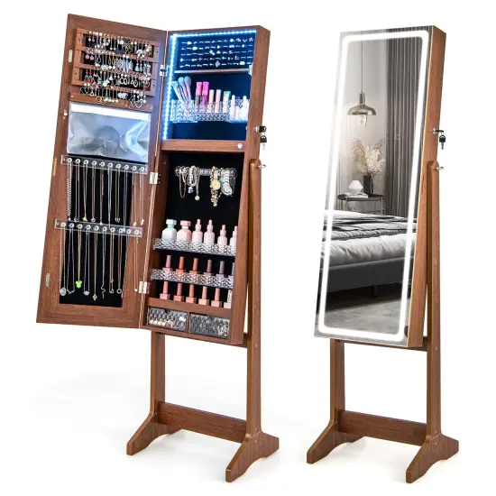 Costway LED Mirror Jewelry Cabinet Organizer Armoire Standing with Built-in 3 Color Light {7}