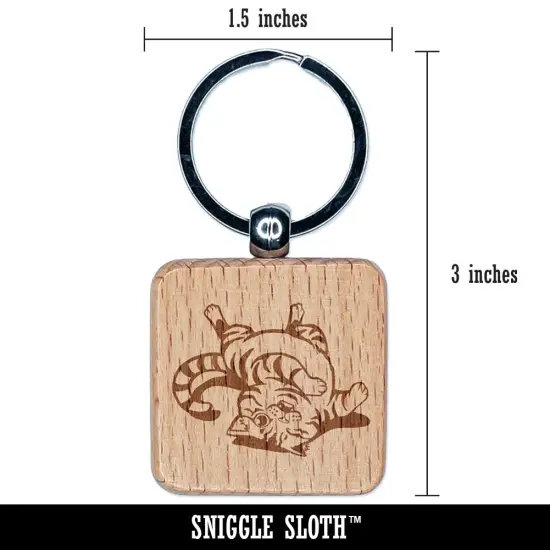 Playful Cat Rolling Around Engraved Wood Square Keychain Tag Charm {2}