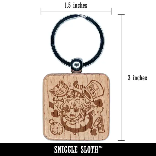 Alice's Adventures in Wonderland Engraved Wood Square Keychain Tag Charm {2}