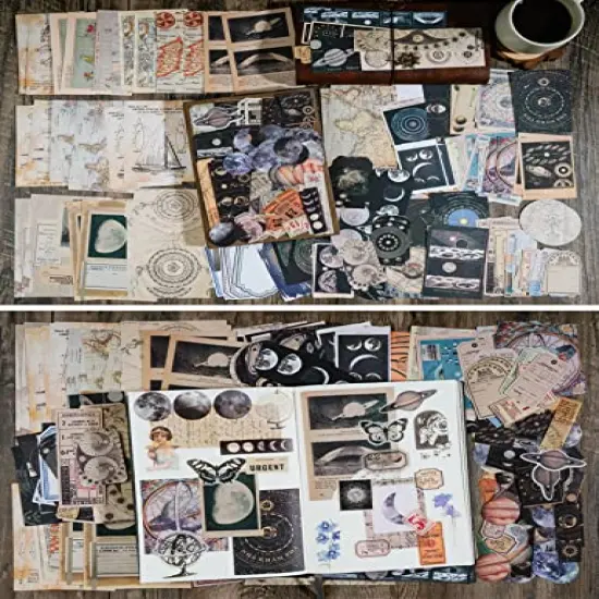 200 Pieces Vintage Scrapbook Supplies Pack for Witchy Junk Journal Bullet Journals Planners Space Moon Paper Stickers Craft Kits Collage (Celestial) {3}