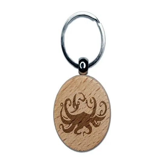 Floating Swimming Octopus with Tentacles Spread Engraved Wood Round Keychain Tag Charm {1}