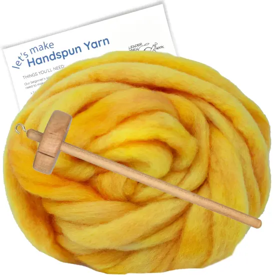 LEARN TO SPIN - Beginner's Spinning Kit with Hand Dyed BFL Roving, Drop Spindle & Printed Instructions w/ Video. Many Colors. Lemon {1}