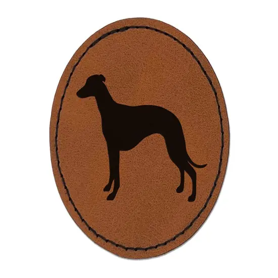 Whippet Dog Solid Round Iron-On Engraved Faux Leather Patch Applique - 2.5" Brown {1}