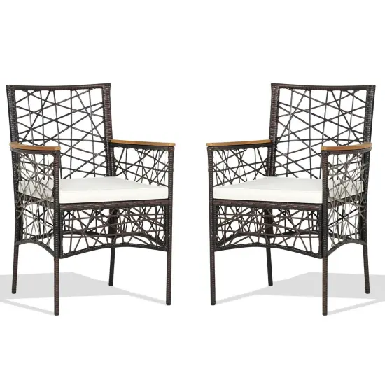 2 Pieces PE Wicker Patio Bistro Dining Chairs with Acacia Wood Armrests and Cushions {1}