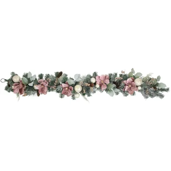 Northlight 6' Pink Floral and Ball Ornament Frosted Pine Artificial Christmas Garland Green {1}