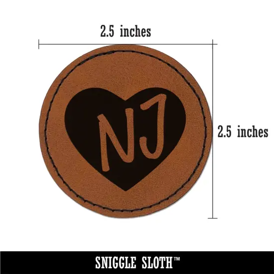 NJ New Jersey State in Heart Round Iron-On Engraved Faux Leather Patch Applique - 2.5" Brown {3}