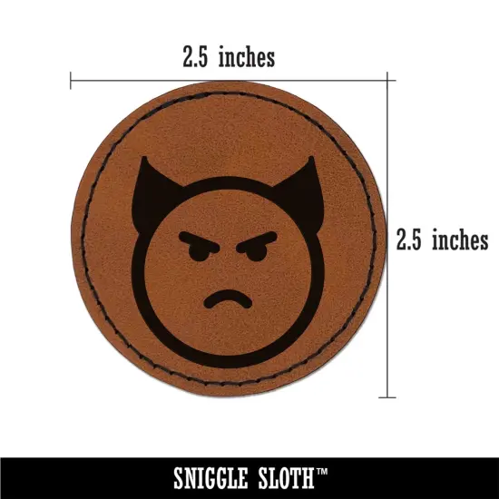 Angry Devil Face Emoticon Round Iron-On Engraved Faux Leather Patch Applique - 2.5" Brown {3}