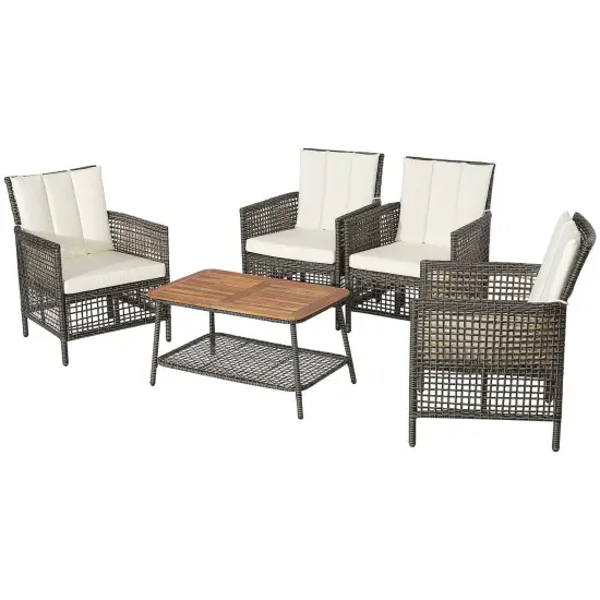 5 Pieces Patio Rattan Furniture Set Cushioned Sofa Armrest Wooden Tabletop-Off White {1}