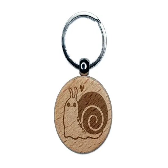 Happy Slow Kawaii Chibi Snail Engraved Wood Round Keychain Tag Charm {1}